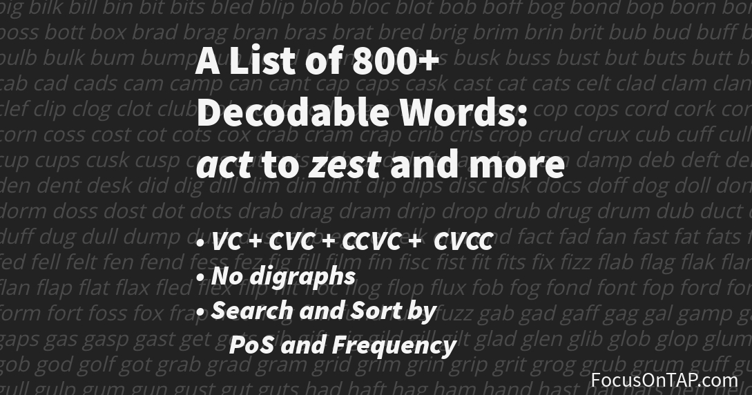 List of 800+ decodable words at the simplest phonics level